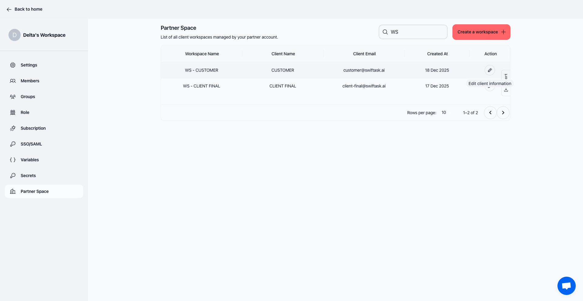 Client workspace list